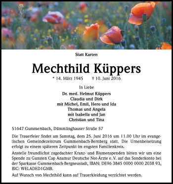 Anzeige von Mechthild Küppers von Kölner Stadt-Anzeiger / Kölnische Rundschau / Express