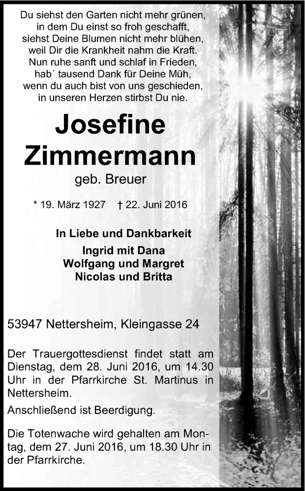  Traueranzeige für Josefine Zimmermann vom 24.06.2016 aus Kölner Stadt-Anzeiger / Kölnische Rundschau / Express