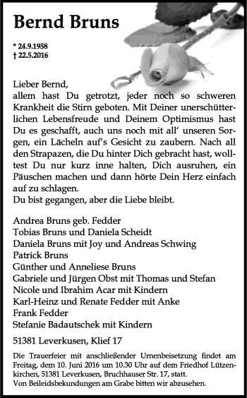 Anzeige von Bernd Bruns von Kölner Stadt-Anzeiger / Kölnische Rundschau / Express