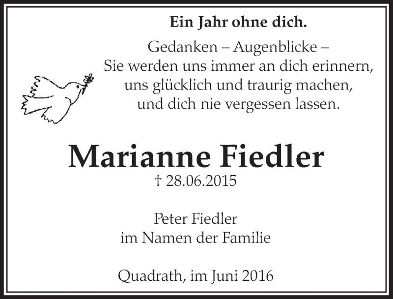  Traueranzeige für Marianne Fiedler vom 25.06.2016 aus  Sonntags-Post 