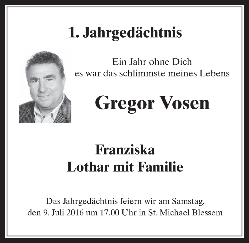  Traueranzeige für Gregor Vosen vom 29.06.2016 aus  Werbepost 