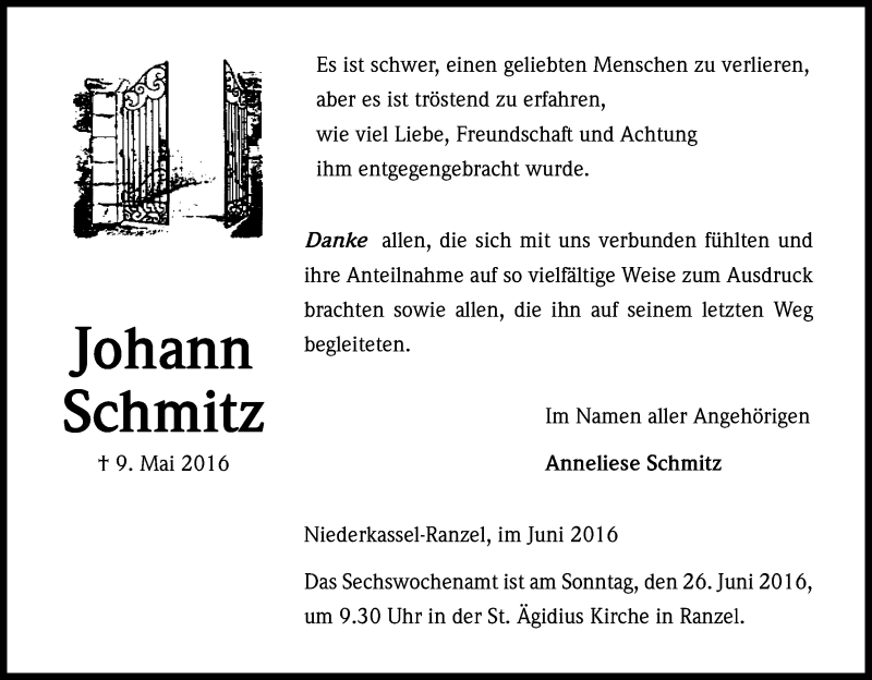  Traueranzeige für Johann Schmitz vom 22.06.2016 aus Kölner Stadt-Anzeiger / Kölnische Rundschau / Express