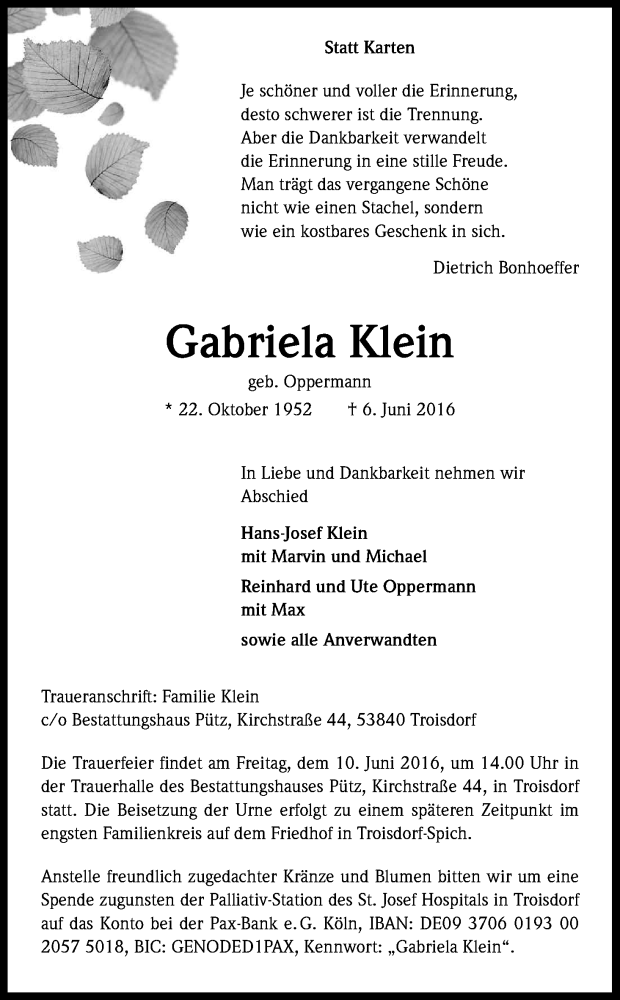  Traueranzeige für Gabriela Klein vom 08.06.2016 aus Kölner Stadt-Anzeiger / Kölnische Rundschau / Express