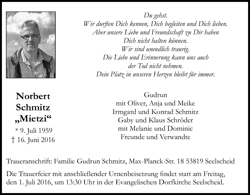  Traueranzeige für Norbert Schmitz vom 25.06.2016 aus Kölner Stadt-Anzeiger / Kölnische Rundschau / Express