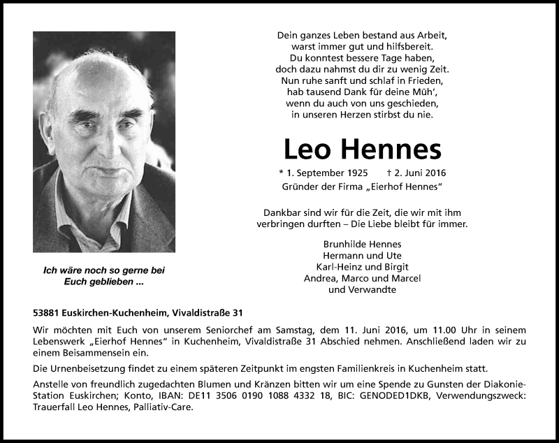  Traueranzeige für Leo Hennes vom 08.06.2016 aus Kölner Stadt-Anzeiger / Kölnische Rundschau / Express