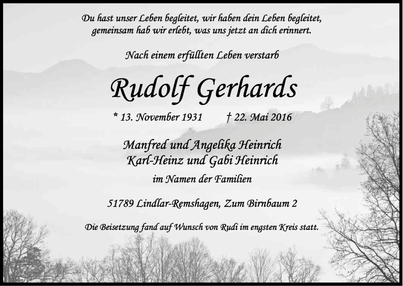  Traueranzeige für Rudolf Gerhards vom 04.06.2016 aus Kölner Stadt-Anzeiger / Kölnische Rundschau / Express
