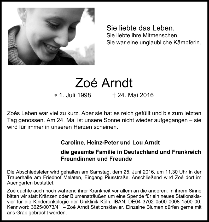  Traueranzeige für Zoé Arndt vom 18.06.2016 aus Kölner Stadt-Anzeiger / Kölnische Rundschau / Express