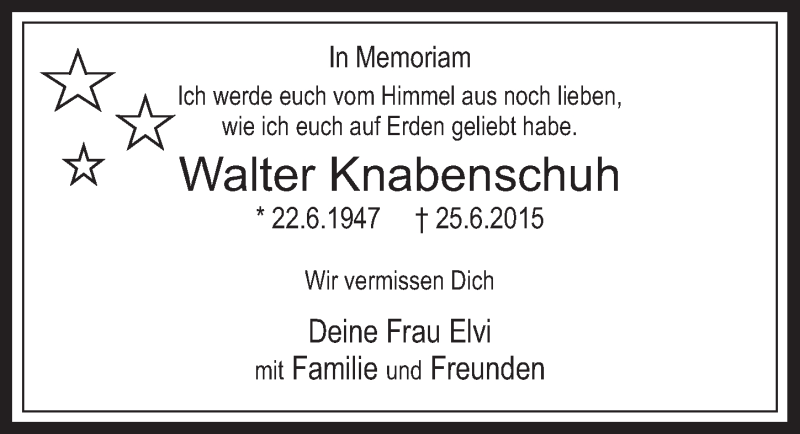 Traueranzeige für Walter Knabenschuh vom 22.06.2016 aus  Wochenende 
