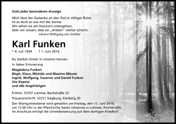 Anzeige von Karl Funken von Kölner Stadt-Anzeiger / Kölnische Rundschau / Express