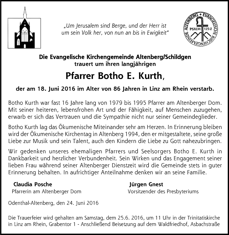  Traueranzeige für Botho E. Kurth vom 24.06.2016 aus Kölner Stadt-Anzeiger / Kölnische Rundschau / Express