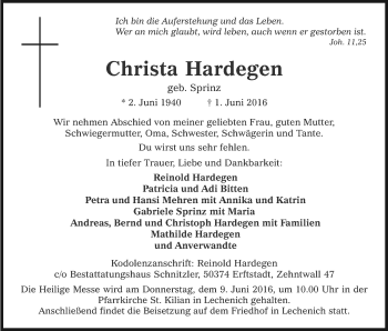 Anzeige von Christa Hardegen von Kölner Stadt-Anzeiger / Kölnische Rundschau / Express