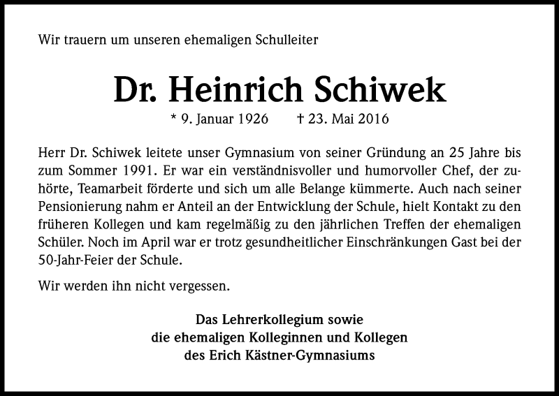  Traueranzeige für Heinrich Schiwek vom 04.06.2016 aus Kölner Stadt-Anzeiger / Kölnische Rundschau / Express
