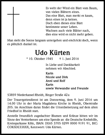 Anzeige von Udo Kürten von Kölner Stadt-Anzeiger / Kölnische Rundschau / Express