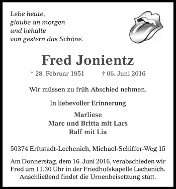 Anzeige von Fred Jonientz von Kölner Stadt-Anzeiger / Kölnische Rundschau / Express