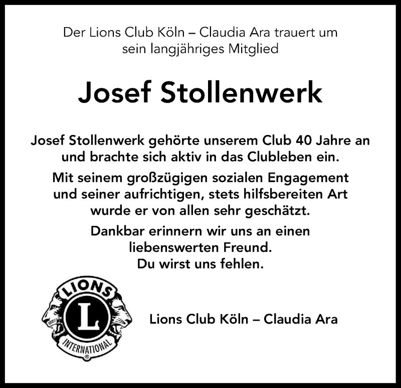  Traueranzeige für Josef Stollenwerk vom 11.06.2016 aus Kölner Stadt-Anzeiger / Kölnische Rundschau / Express