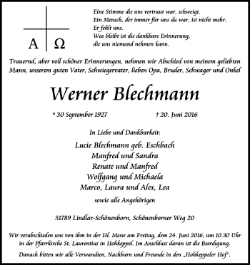 Anzeige von Werner Blechmann von Kölner Stadt-Anzeiger / Kölnische Rundschau / Express