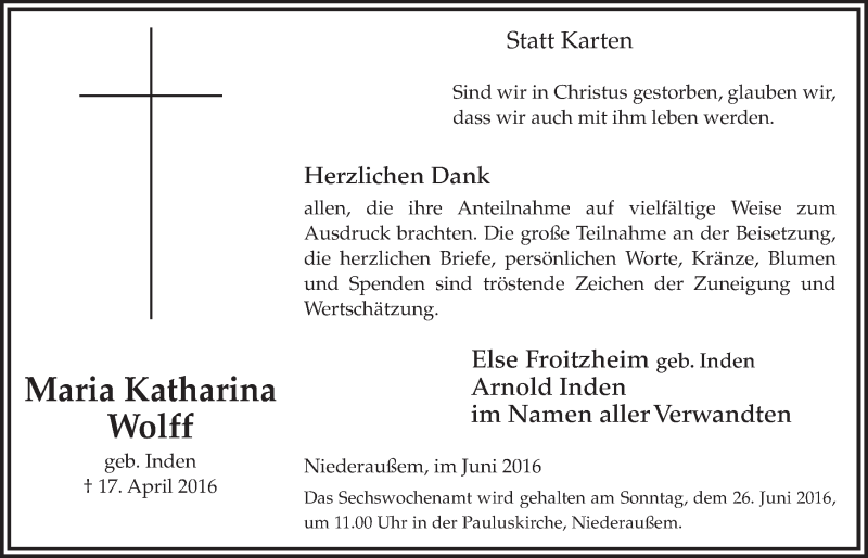  Traueranzeige für Maria Katharina Wolff vom 18.06.2016 aus  Sonntags-Post 