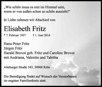 Anzeige von Elisabeth Fritz von Kölner Stadt-Anzeiger / Kölnische Rundschau / Express