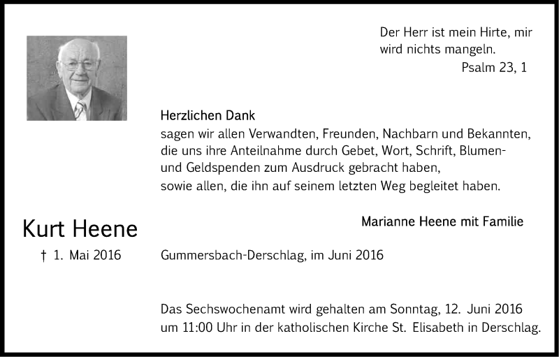  Traueranzeige für Kurt Heene vom 04.06.2016 aus Kölner Stadt-Anzeiger / Kölnische Rundschau / Express