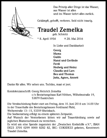 Anzeige von Traudel Zemelka von Kölner Stadt-Anzeiger / Kölnische Rundschau / Express