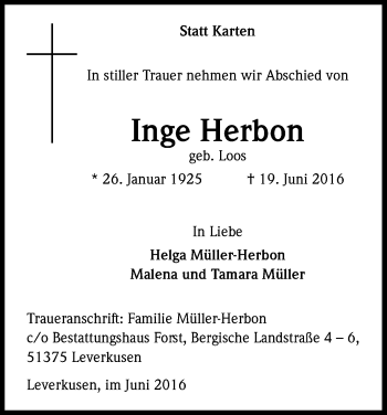 Anzeige von Inge Herbon von Kölner Stadt-Anzeiger / Kölnische Rundschau / Express
