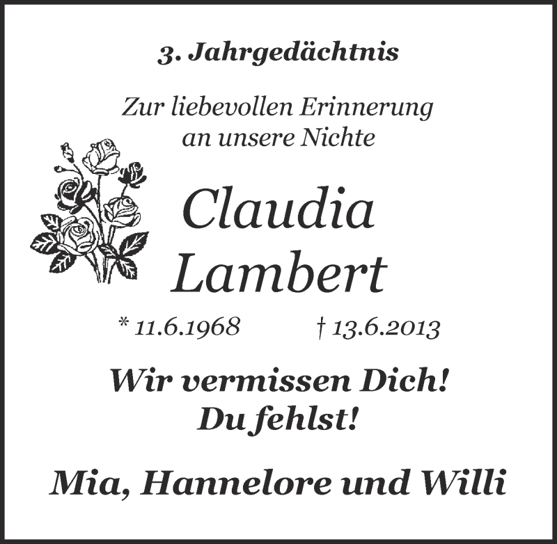  Traueranzeige für Claudia Lambert vom 15.06.2016 aus  Kölner Wochenspiegel 