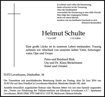 Anzeige von Helmut Schulte von Kölner Stadt-Anzeiger / Kölnische Rundschau / Express
