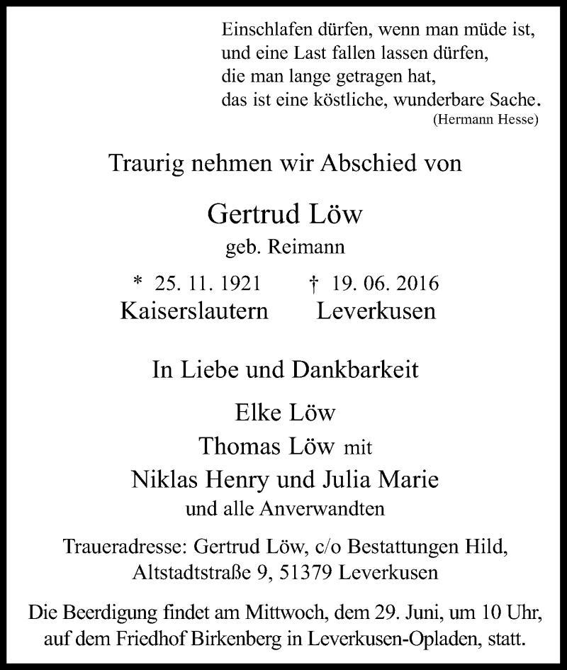  Traueranzeige für Gertrud Löw vom 25.06.2016 aus Kölner Stadt-Anzeiger / Kölnische Rundschau / Express