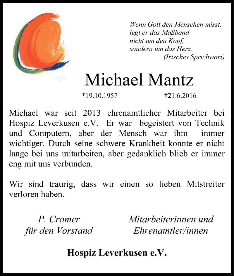  Traueranzeige für Michael Mantz vom 28.06.2016 aus Kölner Stadt-Anzeiger / Kölnische Rundschau / Express