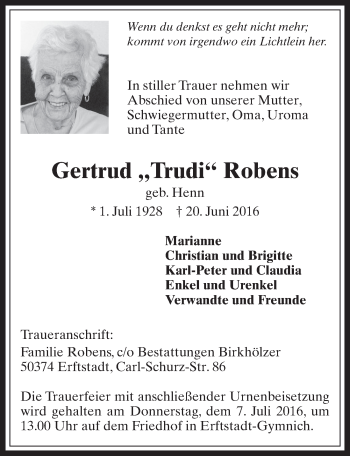 Anzeige von Gertrud Robens von  Werbepost 