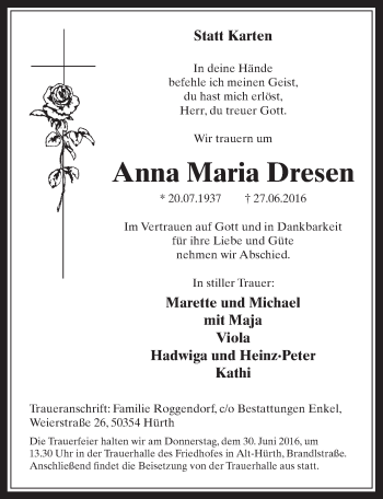 Anzeige von Anna Maria Dresen von  Wochenende 