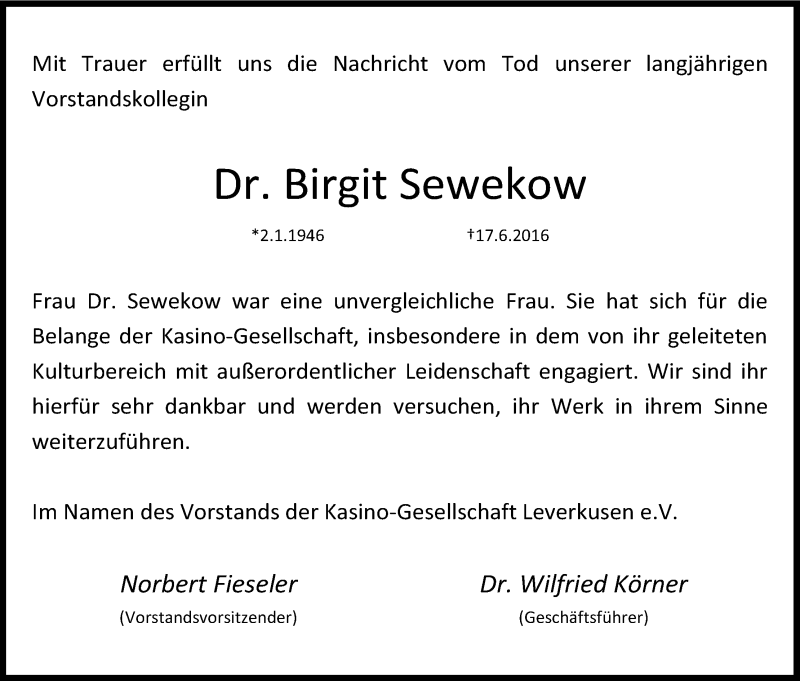  Traueranzeige für Birgit Sewekow vom 23.06.2016 aus Kölner Stadt-Anzeiger / Kölnische Rundschau / Express
