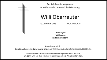 Anzeige von Willi Oberreuter von Kölner Stadt-Anzeiger / Kölnische Rundschau / Express
