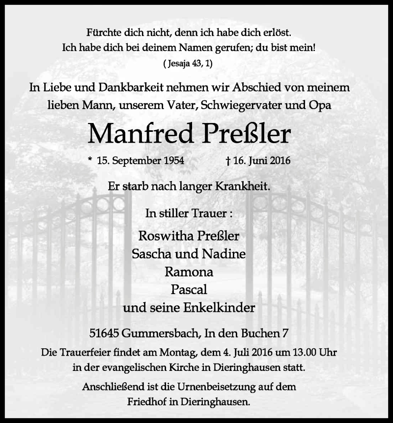  Traueranzeige für Manfred Preßler vom 25.06.2016 aus Kölner Stadt-Anzeiger / Kölnische Rundschau / Express