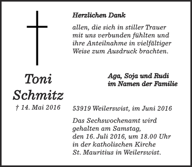  Traueranzeige für Toni Schmitz vom 18.06.2016 aus  Blickpunkt Euskirchen 