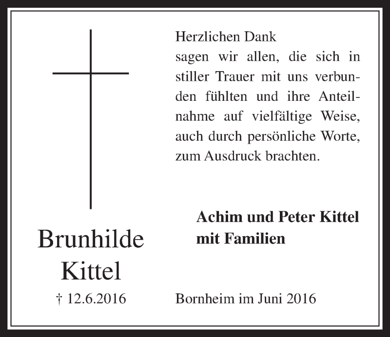  Traueranzeige für Brunhilde Kittel vom 29.06.2016 aus  Schaufenster/Blickpunkt 