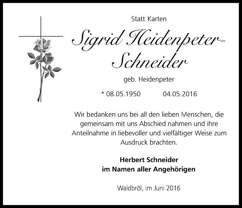  Traueranzeige für Sigrid Heidenpeter-Schneider vom 22.06.2016 aus Kölner Stadt-Anzeiger / Kölnische Rundschau / Express