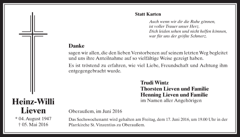  Traueranzeige für Heinz-Willi Lieven vom 15.06.2016 aus  Werbepost 