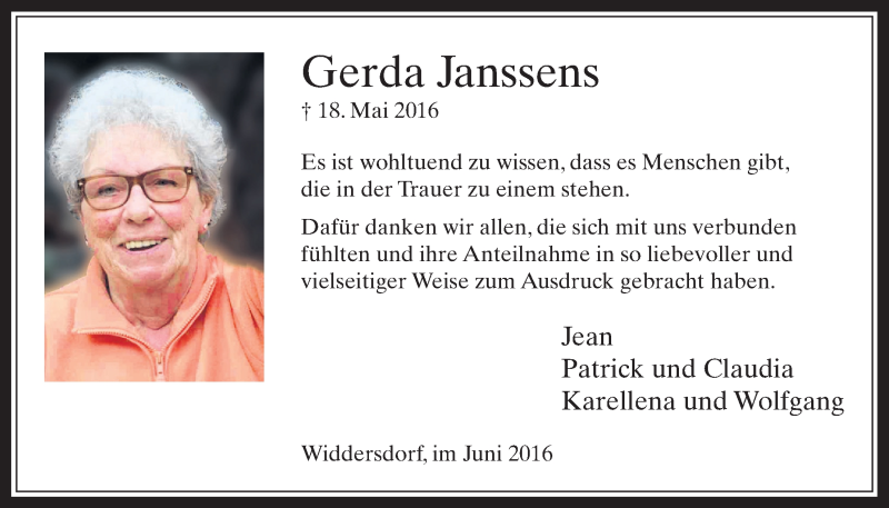  Traueranzeige für Gerda Janssens vom 29.06.2016 aus  Kölner Wochenspiegel 