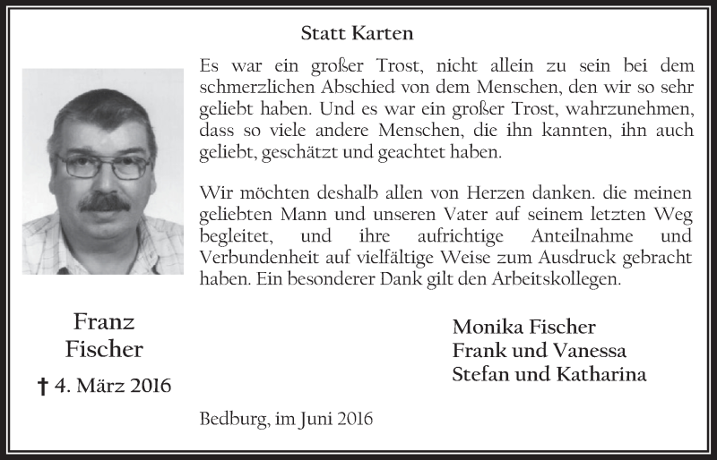  Traueranzeige für Franz Fischer vom 22.06.2016 aus  Werbepost 