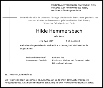 Anzeige von Hilde Hemmersbach von Kölner Stadt-Anzeiger / Kölnische Rundschau / Express