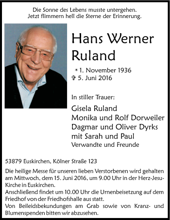 Anzeige von Hans Werner Ruland von Kölner Stadt-Anzeiger / Kölnische Rundschau / Express