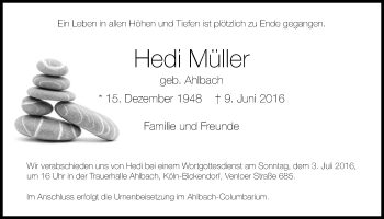 Anzeige von Hedi Müller von  Kölner Wochenspiegel 
