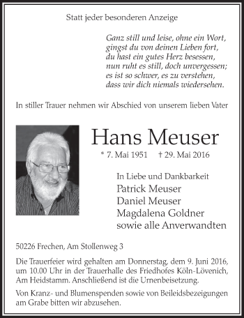 Anzeige von Hans Meuser von  Sonntags-Post 