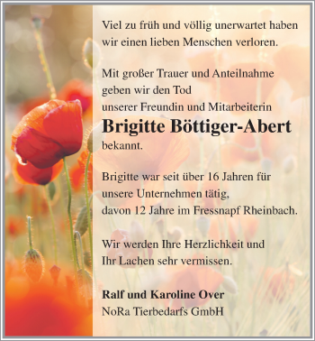 Anzeige von Brigitte Böttiger-Abert von  Schaufenster/Blickpunkt 