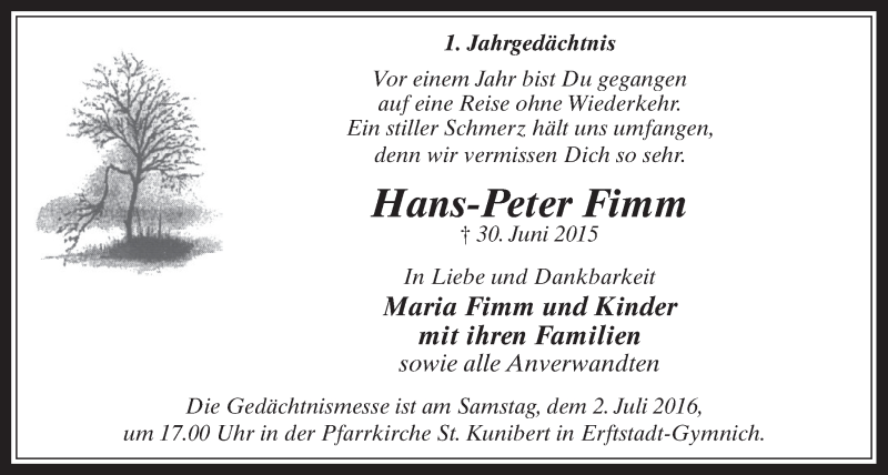  Traueranzeige für Hans-Peter Fimm vom 29.06.2016 aus  Werbepost 