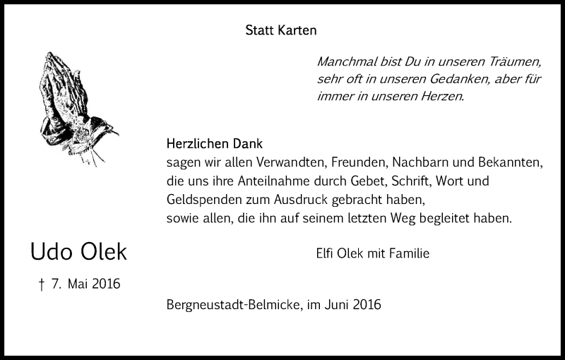  Traueranzeige für Udo Olek vom 18.06.2016 aus Kölner Stadt-Anzeiger / Kölnische Rundschau / Express