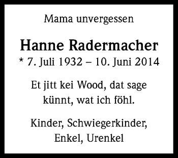 Anzeige von Hanne Radermacher von Kölner Stadt-Anzeiger / Kölnische Rundschau / Express