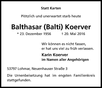 Anzeige von Balthasar  Koerver von Kölner Stadt-Anzeiger / Kölnische Rundschau / Express