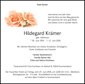 Anzeige von Hildegard Krämer von Kölner Stadt-Anzeiger / Kölnische Rundschau / Express